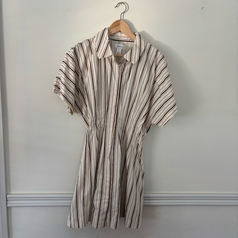 Striped Button-Front Shirt Dress in Cream and Brown